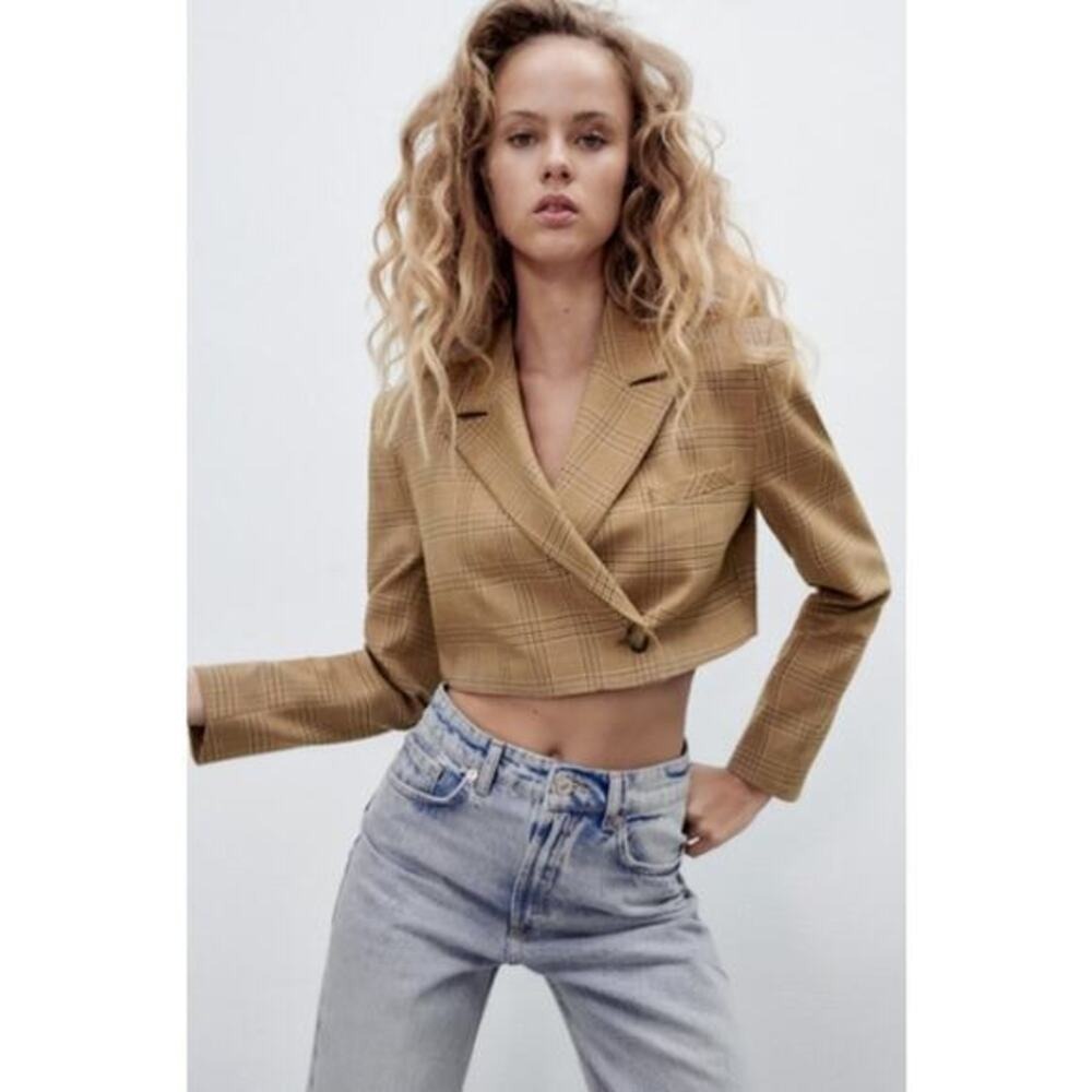 NWT Zara‎ Plaid Cropped Blazer in Brown